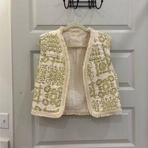 Anthropologie womens Cream and Green Patterned Vest
